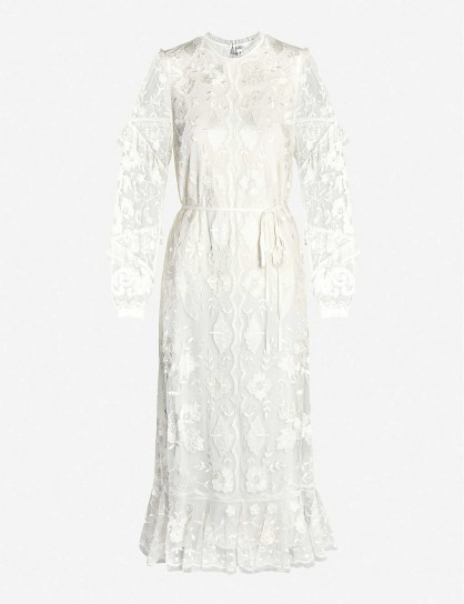 NEEDLE AND THREAD Ellie embroidered tulle and lace midi dress in ivory / semi sheer occasion dresses