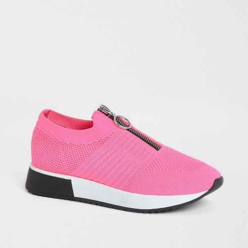 River Island Neon pink zip front knitted runner trainers | girly sneaker - flipped