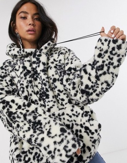 New Girl Order oversized hoodie in dalmation fleece with toggle tie | snugly monochrome hoodies - flipped