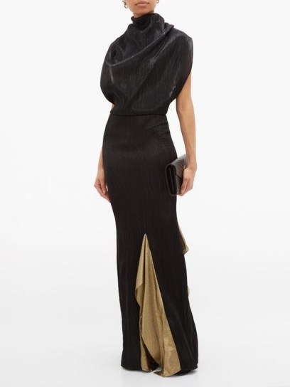 ROLAND MOURET Nola draped-bodice open-back plissé-Lurex gown in black ~ gold insert gowns - flipped