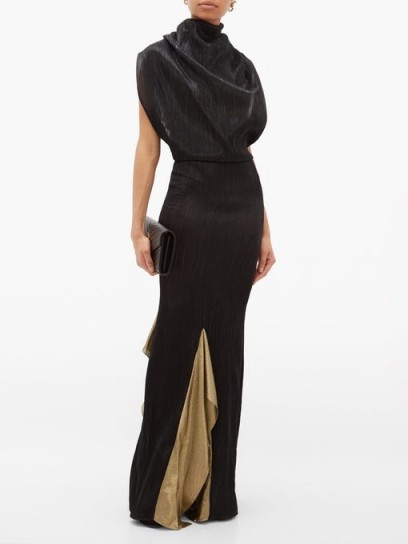 ROLAND MOURET Nola draped-bodice open-back plissé-Lurex gown in black ~ gold insert gowns