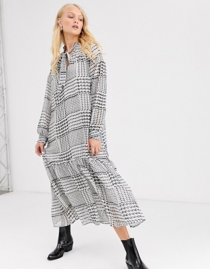 Only check smock maxi dress with tie neck detail