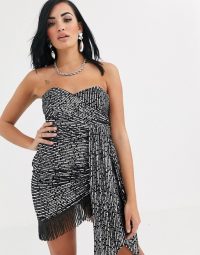 Opulence England premium party sequin extreme tie front mini dress with bead fringing / strapless dresses