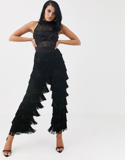 Opulence England premium party sheer sequin & fringe jumpsuit in black - flipped