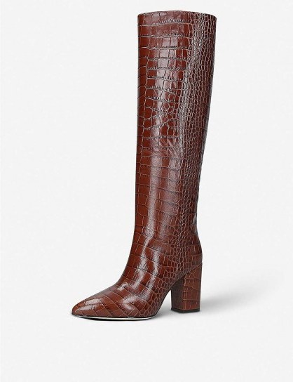 PARIS TEXAS Block-heel croc-embossed leather heeled knee-high ankle boots in brown - flipped