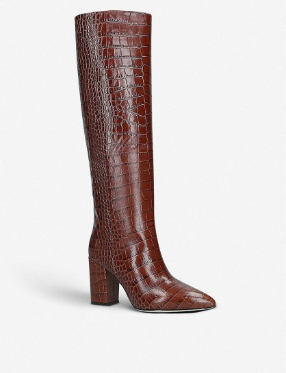 PARIS TEXAS Block-heel croc-embossed leather heeled knee-high ankle boots in brown
