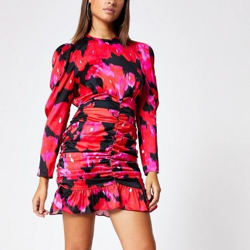 RIVER ISLAND Pink floral long sleeve ruched mini dress - flipped