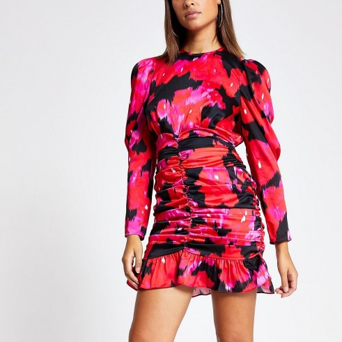 RIVER ISLAND Pink floral long sleeve ruched mini dress