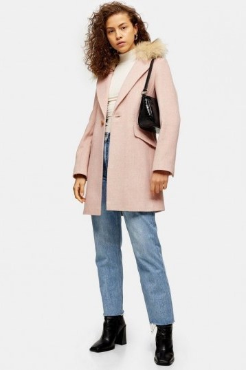 TOPSHOP Pink Herringbone Coat – faux fur collar coats - flipped