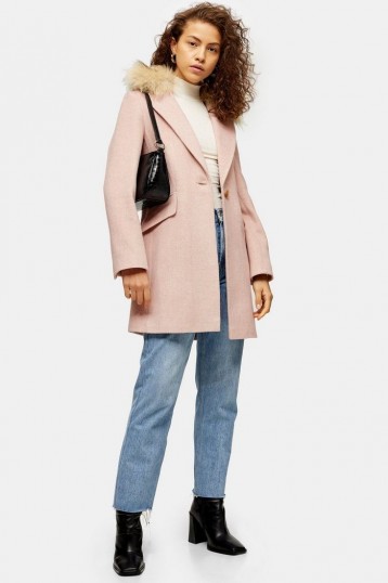 TOPSHOP Pink Herringbone Coat – faux fur collar coats
