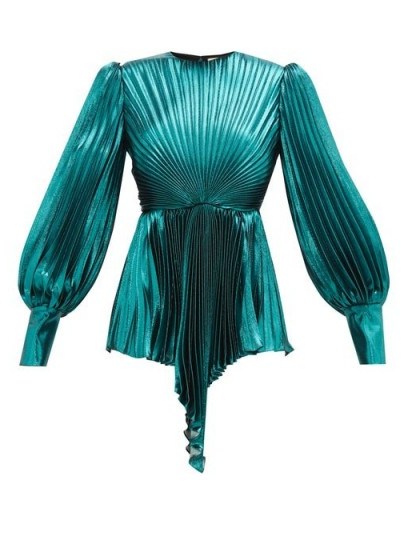 GUCCI Plissé metallic silk-blend blouse in turquoise - flipped
