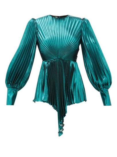 GUCCI Plissé metallic silk-blend blouse in turquoise