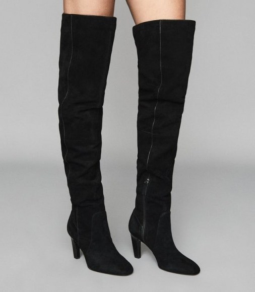 REISS RAQUEL SUEDE OVER THE KNEE BOOTS BLACK ~ stylish winter footwear - flipped