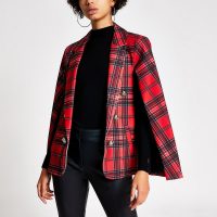 RIVER ISLAND Red tartan crested button cape blazer / plaid capes / checked jacket