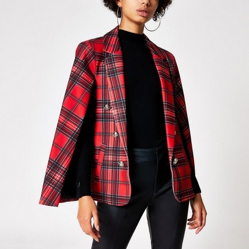 RIVER ISLAND Red tartan crested button cape blazer / plaid capes / checked jacket - flipped