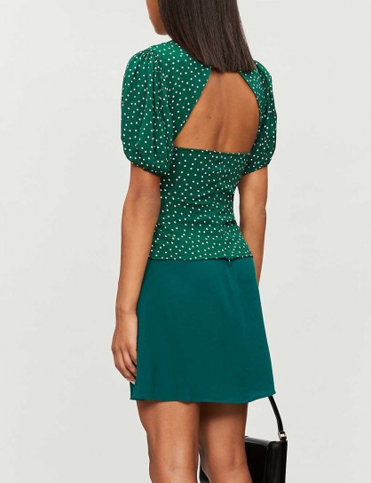 REFORMATION Makenna polka dot-print puff-sleeve crepe top in rosemary / green open back blouse