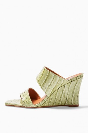 TOPSHOP RELLIK Sage Leather Wedge Mules / green croc look wedges - flipped