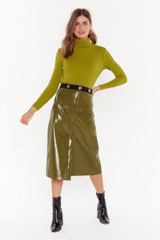 NASTY GAL Rise and Shine Vinyl Midi Skirt in Olive / shiny green skirts