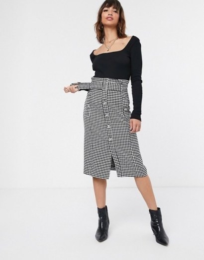 River Island button front midi skirt in dogtooth in black and white - flipped
