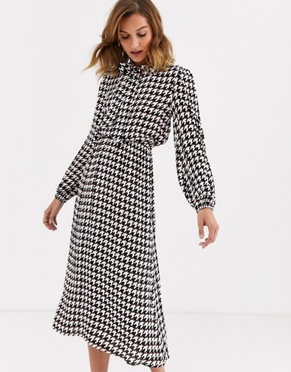 River Island midi dress with pussybow in dogtooth / checked neck-tie dresses