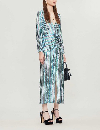 RIXO Emmy V-neck sequinned midi dress in multi stripe sequin ~ vintage style glamour - flipped