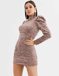 Saint Genies sequin velvet high neck puff sleeve party dress in champagne | sequin embellished mini dresses