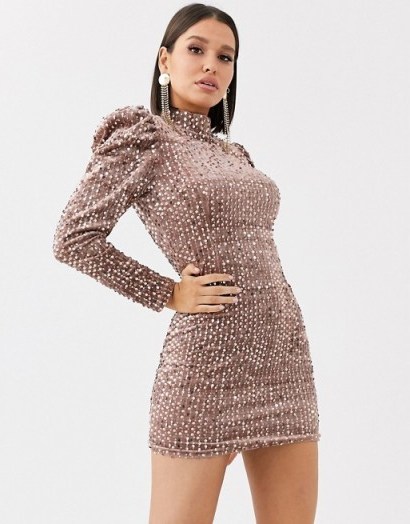 Saint Genies sequin velvet high neck puff sleeve party dress in champagne | sequin embellished mini dresses - flipped