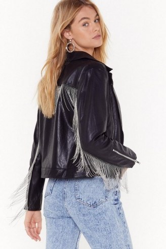 NASTY GAL Save Rock and Roll Faux Leather Fringe Jacket in Black - flipped