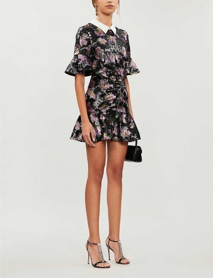 SELF-PORTRAIT Contrast-collar floral-pattern sequin mini dress ~ ruffle trim dresses - flipped