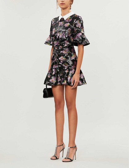 SELF-PORTRAIT Contrast-collar floral-pattern sequin mini dress ~ ruffle trim dresses