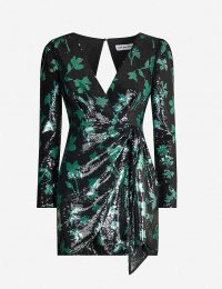 SELF-PORTRAIT Leaf-pattern sequinned mini dress in black / green – glamorous party dresses – evening glamour