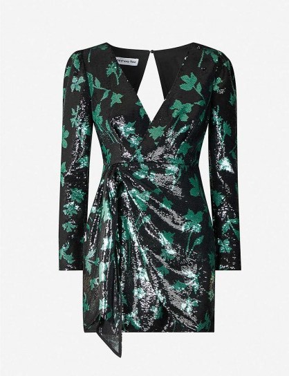 SELF-PORTRAIT Leaf-pattern sequinned mini dress in black / green – glamorous party dresses – evening glamour - flipped