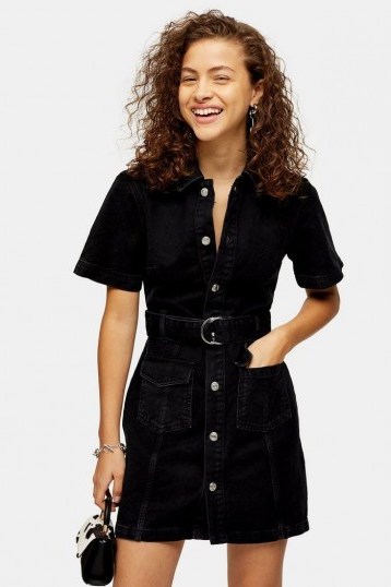 Topshop Short Sleeve Denim Belted Shirt Dress in Washed Black | casual button through dresses - flipped