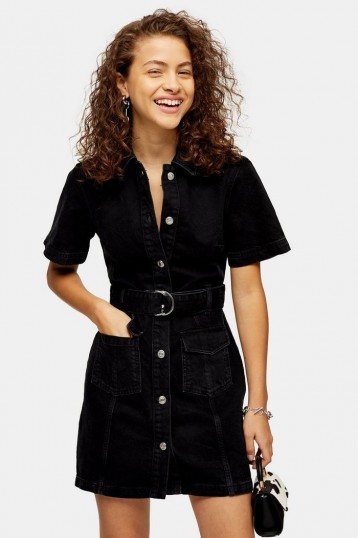 Topshop Short Sleeve Denim Belted Shirt Dress in Washed Black | casual button through dresses