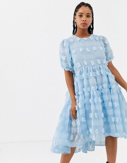 Sister Jane midi smock dress with full tiered skirt in texture in light-blue / floral applique dresses / 3 D effect fashion - flipped