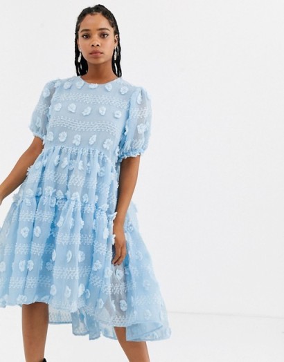 Sister Jane midi smock dress with full tiered skirt in texture in light-blue / floral applique dresses / 3 D effect fashion