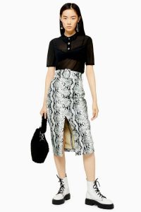 Topshop Snake Effect PU Pencil Skirt in Sage | front slit skirts