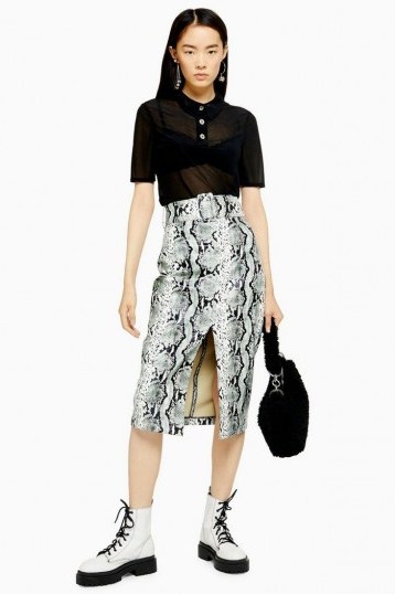 Topshop Snake Effect PU Pencil Skirt in Sage | front slit skirts - flipped