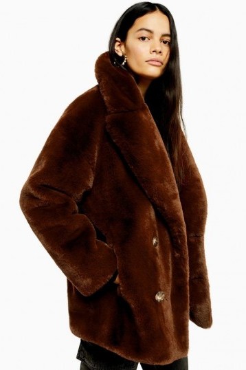TOPSHOP Soft Faux Fur Double Breasted Coat in Tobacco / brown winter coats - flipped