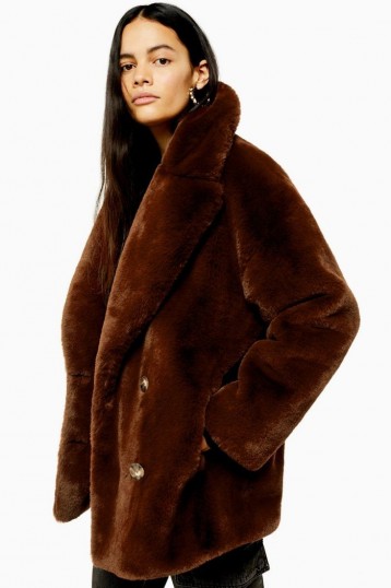 TOPSHOP Soft Faux Fur Double Breasted Coat in Tobacco / brown winter coats
