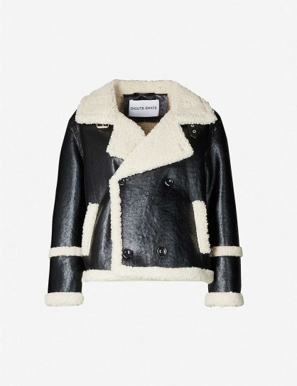 STAND Lilli double-breasted patent faux-shearling jacket in black / off-white / monochrome jackets - flipped