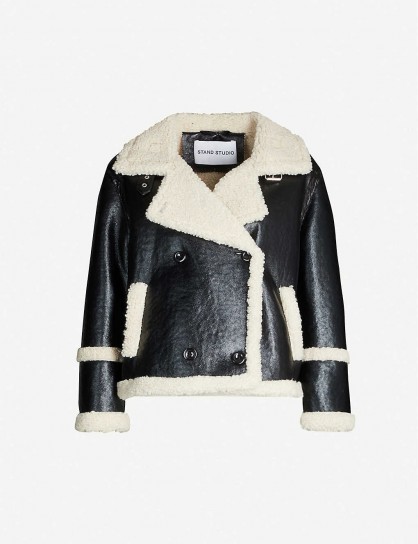 STAND Lilli double-breasted patent faux-shearling jacket in black / off-white / monochrome jackets