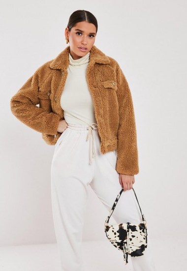 MISSGUIDED tan cropped borg teddy trucker jacket - flipped