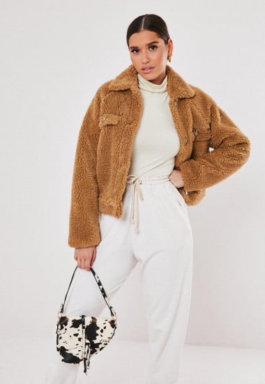 MISSGUIDED tan cropped borg teddy trucker jacket