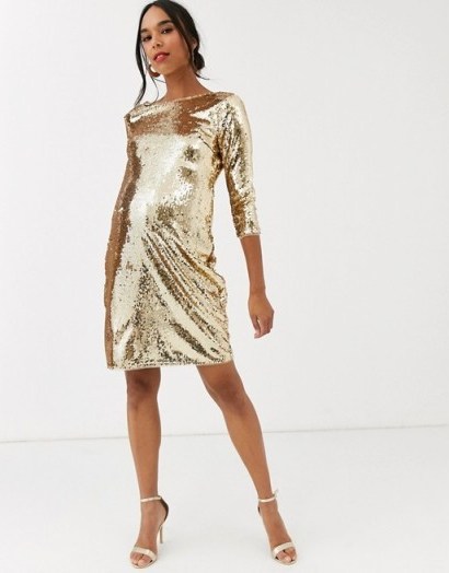 TFNC Maternity sequin mini bodycon dress in liquid gold / glamorous pregnancy party wear - flipped