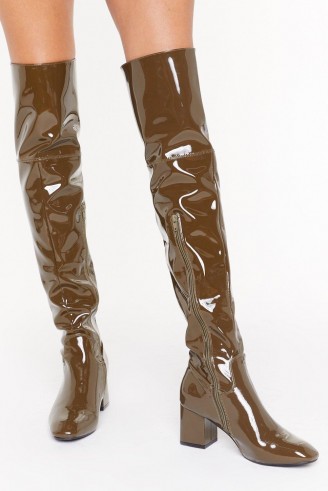 NASTY GAL Think Things Over Patent Faux Leather Thigh High Boots in Olive / shiny winter footwear