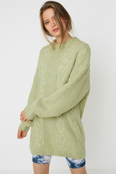 UO Green Cable Knit Mini Dress | crew neck sweater dresses - flipped