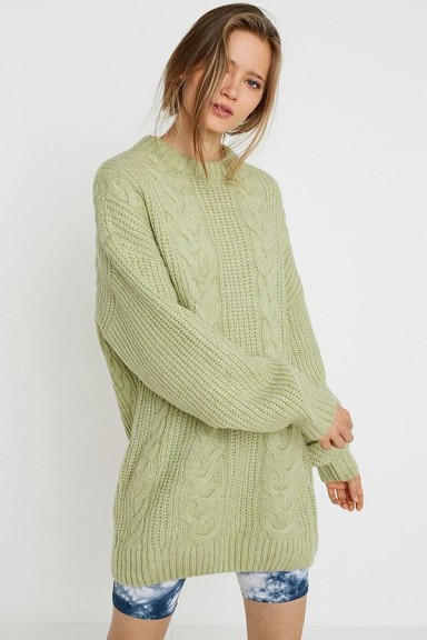 UO Green Cable Knit Mini Dress | crew neck sweater dresses