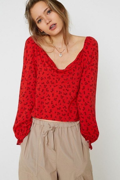 UO Leah Cowl Neck Blouse in Red Multi / draped neckline top - flipped