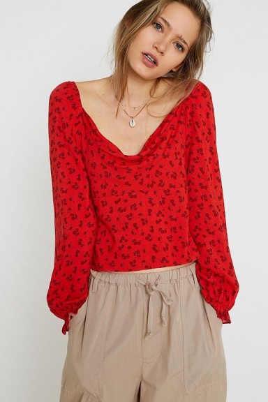 UO Leah Cowl Neck Blouse in Red Multi / draped neckline top